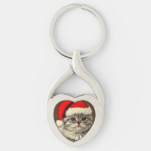 Vintage Christmas Kitty Wearing Santa Hat Key Ring