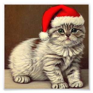 Vintage Christmas Kitty Wearing Santa Hat Photo Print