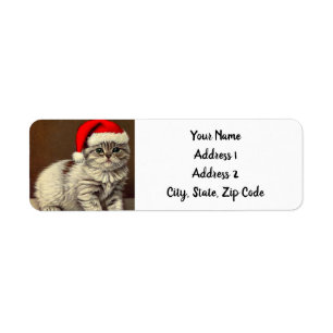 Vintage Christmas Kitty Wearing Santa Hat Return Address Label