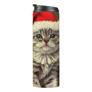 Vintage Christmas Kitty Wearing Santa Hat Thermal Tumbler