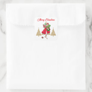 Vintage Christmas Lady Gifts Red Green Gold Tree Square Sticker