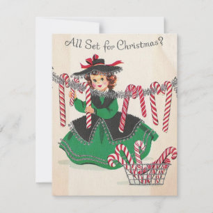 Vintage Christmas Lady Hangs Candy Canes Holiday Card