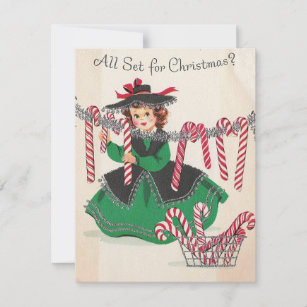 Vintage Christmas Lady Hangs Candy Canes Holiday Card