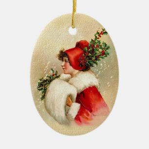 Vintage Christmas Lady in Red Ceramic Tree Decoration