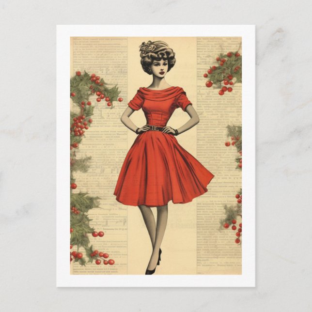  Vintage Christmas Lady in Red Holiday Postcard (Front)