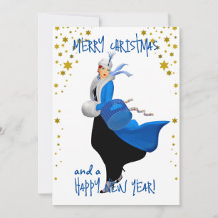 Vintage Christmas lady Merry Christmas greeting Holiday Card