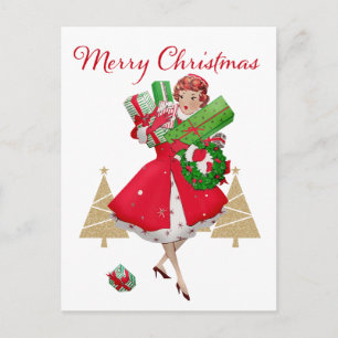 Vintage Christmas Lady Presents Red Green Gold Holiday Postcard