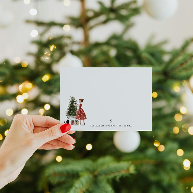 Vintage Christmas Lady with Cat Personalised Card (Creator Uploaded)