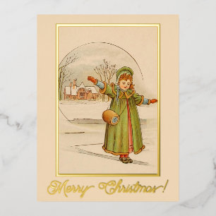 Vintage Christmas Landscape Baby Girl Green Dress Foil Holiday Postcard
