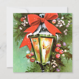 Vintage Christmas Lantern And Big Red Bow Holiday Card