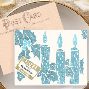 Vintage Christmas Linocut Print Blue Candles Postcard