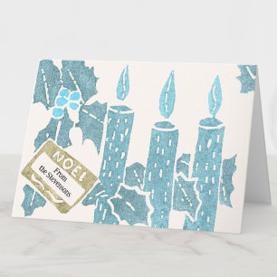 Vintage Christmas Linocut Print Candles Greeting Card