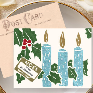 Vintage Christmas Linocut Print Candles Postcard