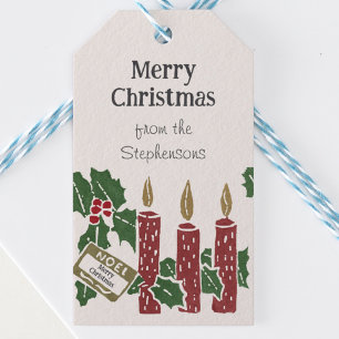 Vintage Christmas Linocut Print Candles Postcard Gift Tags