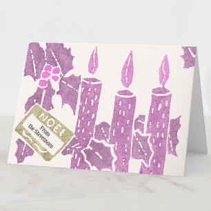 Vintage Christmas Linocut Print Pink Candles Card