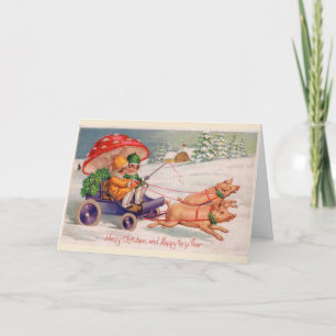 Vintage Christmas - Little Girls in a Pig Cart, Holiday Card