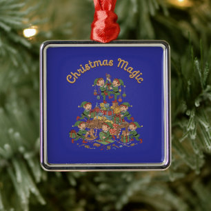 Vintage Christmas Magic Elves Building a Holiday Metal Ornament