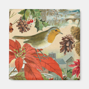 Vintage Christmas magnet w/ bird and flowers