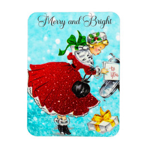 Vintage Christmas mail box red glitter girl Magnet