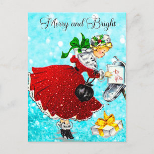 Vintage Christmas mail box red glitter girl Postcard