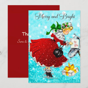 Vintage Christmas mail box red glitter girl  Thank You Card