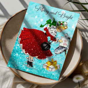 Vintage Christmas mail box red glitter girl Thank You Card