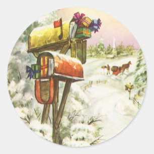 Vintage Christmas, Mailboxes in Winter Landscape  Classic Round Sticker