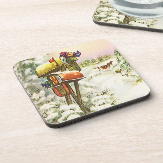 Vintage Christmas, Mailboxes in Winter Landscape  Coaster (Left Side)