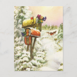 Vintage Christmas, Mailboxes in Winter Landscape  Holiday Postcard