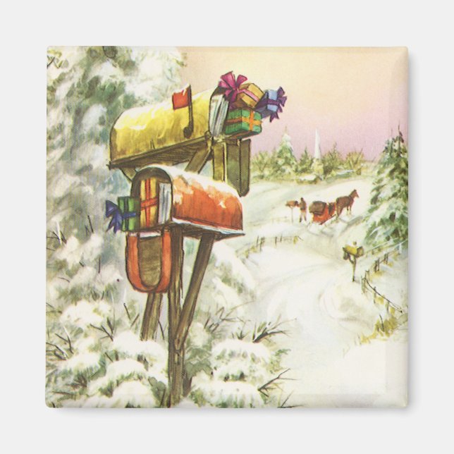 Vintage Christmas, Mailboxes in Winter Landscape  Magnet (Front)