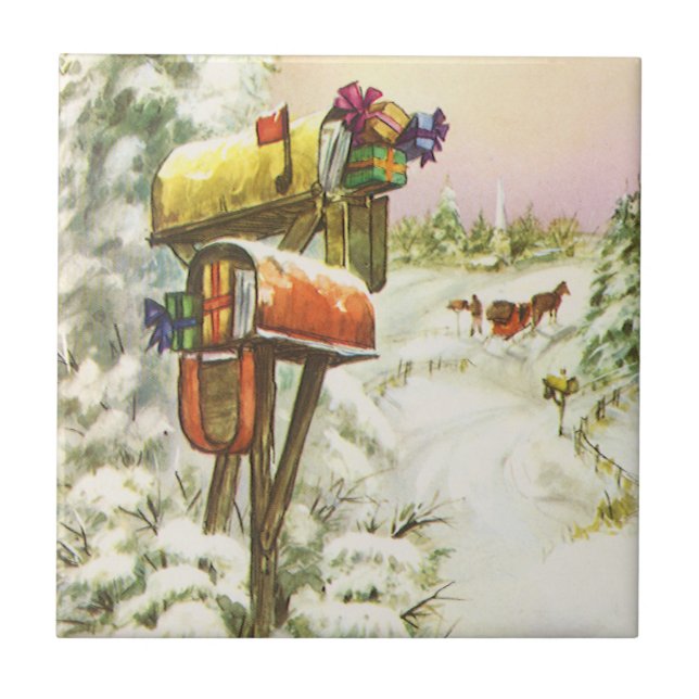 Vintage Christmas, Mailboxes in Winter Landscape  Tile (Front)