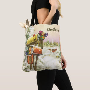 Vintage Christmas, Mailboxes in Winter Landscape Tote Bag