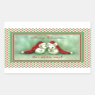 Vintage Christmas Mice with Red Santa Hats Rectangular Sticker