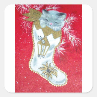 Vintage Christmas Mid Century Pastel Kitten Square Sticker