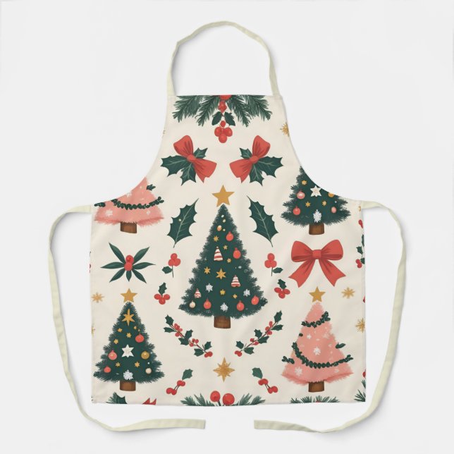 Vintage Christmas Mistletoe & Bows Holiday Apron (Front)