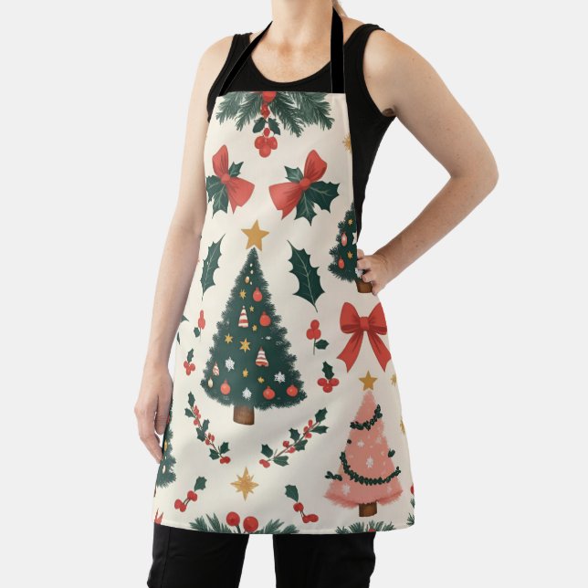Vintage Christmas Mistletoe & Bows Holiday Apron (Insitu)