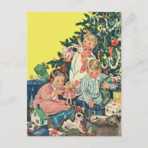 Vintage Christmas Morning, Children Opening Gifts Holiday Postcard