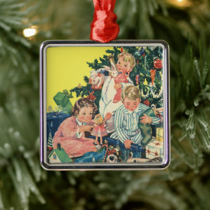 Vintage Christmas Morning, Children Opening Gifts Metal Tree Decoration