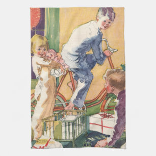 Vintage Christmas Morning, Children with Presents Tea Towel