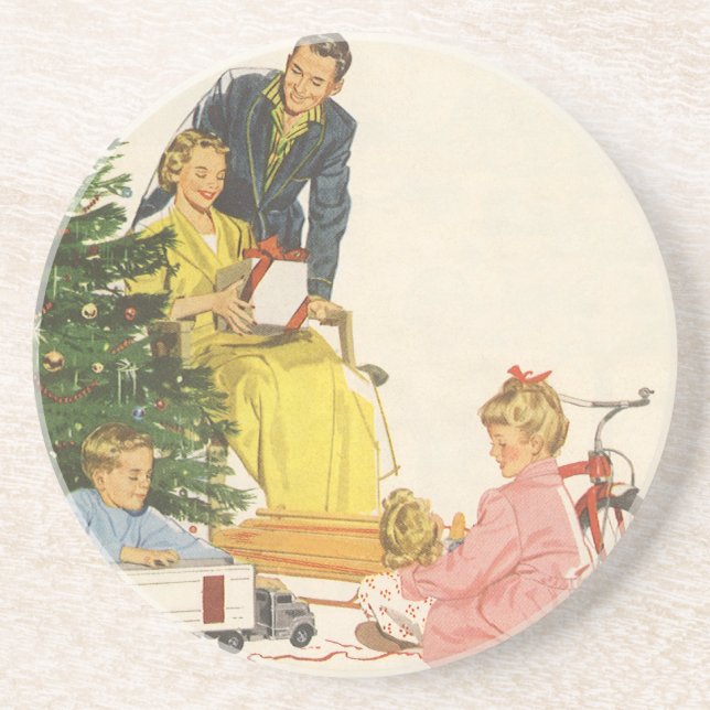Vintage Christmas Morning, Family Opening Presents Coaster (Front)