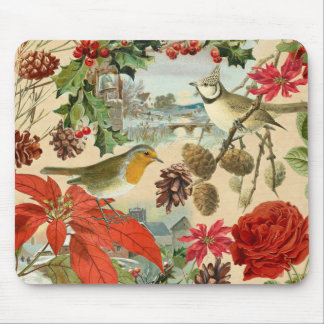 Vintage christmas mousepad w/ birds and red flower