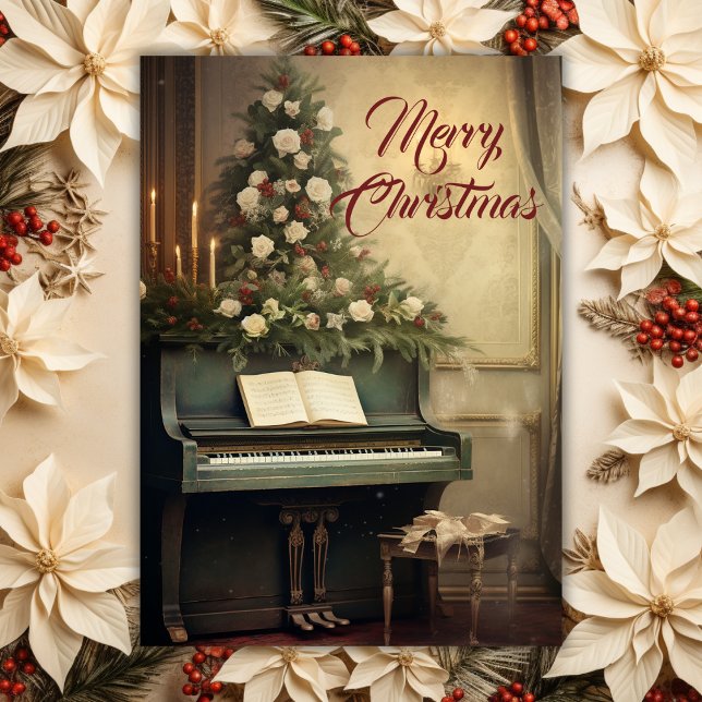 Vintage Christmas Music Grand Piano Greenery Holiday Card (Creator Uploaded)