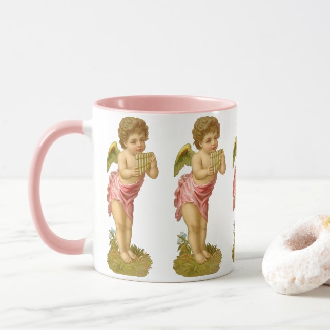 Vintage Christmas, Musician Angel with Pan Pipes Mug (With Donut)