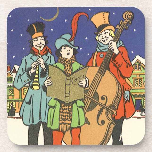 Vintage Christmas, Musicians Caroling with Music Coaster (Front)