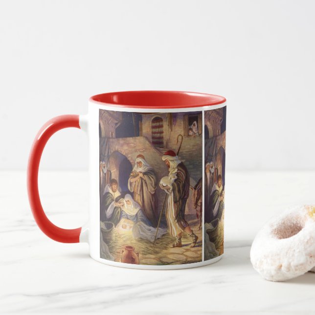 Vintage Christmas Nativity, 3 Shepherds and Jesus Mug (With Donut)