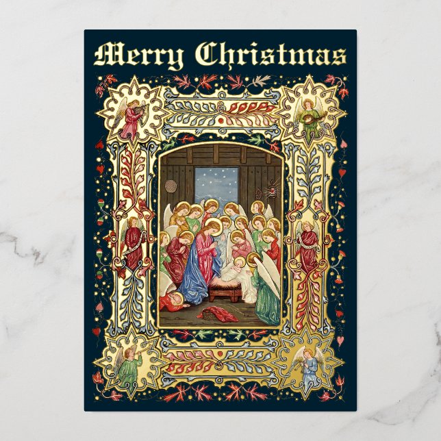 Vintage Christmas Nativity & Angels by A. Crispin Foil Holiday Card (Front)