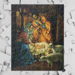 Vintage Christmas Nativity, Baby Jesus in Manger Jigsaw Puzzle<br><div class="desc">Vintage illustration religious Christmas holiday design featuring a classic nativity. A Christian religion family scene with Mary,  Joseph and the infant Jesus Christ in the manger with lamb and sheep. Bethlehem.</div>