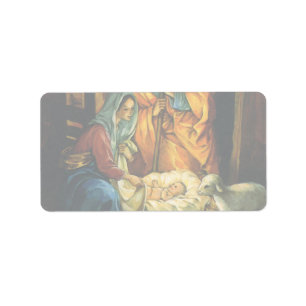 Vintage Christmas Nativity, Baby Jesus in Manger Label