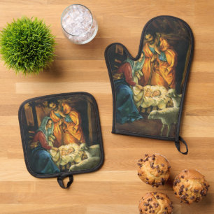 Vintage Christmas Nativity, Baby Jesus in Manger Oven Mitt & Pot Holder Set