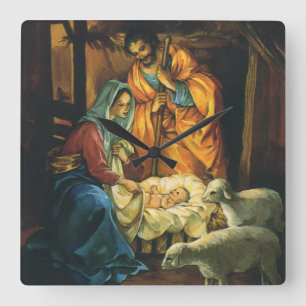 Vintage Christmas Nativity, Baby Jesus in Manger Square Wall Clock